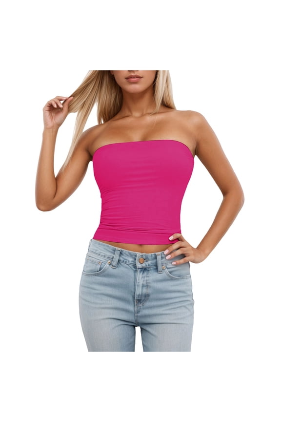Women's Strapless Tube Top with Removable Pad Cropped Double Lined Non- Y2k Backless Bandeau Tops Summer Stretchy Going out Sleeveless Tshirts Hot Pink M