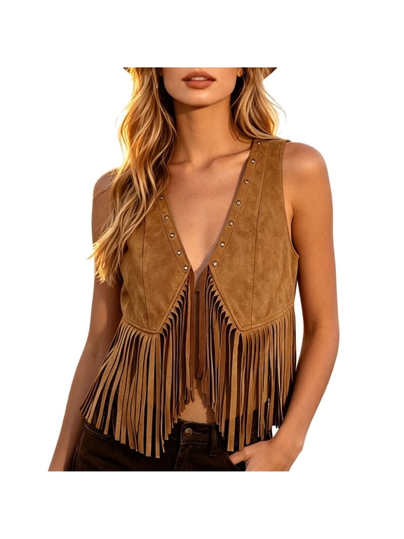 Women's Suede Fringe Top Sleeveless Tie Front Western Cowgirl Deep V Neck Cropped Tank Tops 0728 Brown S