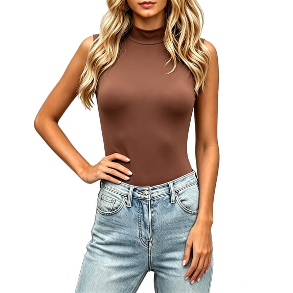 Wang6 Women's Turtleneck Tank Tops Causal Sleeveless Slim Fit Tshirts Summer Solid Going out Tees 0617liBrown S