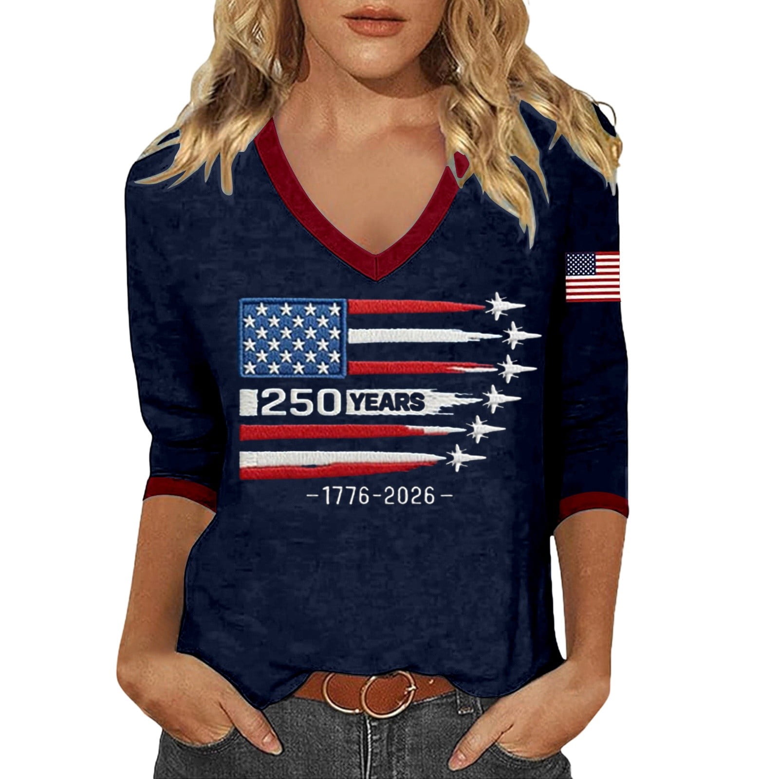 Womens 250th Anniversary USA 3/4 Sleeve Tshirts V Neck 1776-2026 Letter Printed 4th of July America Flag Tops Plus Size Independence Day Patriotic Graphic Tees X_0528liNavy M
