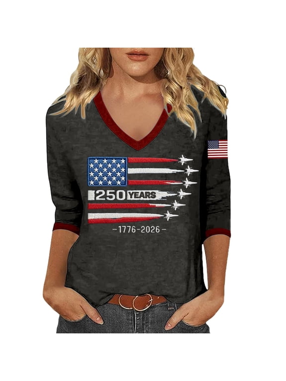 Womens 250th Anniversary USA 3/4 Sleeve Tshirts V Neck 1776-2026 Letter Printed 4th of July America Flag Tops Plus Size Independence Day Patriotic Graphic Tees X_0528liDark Gray XL