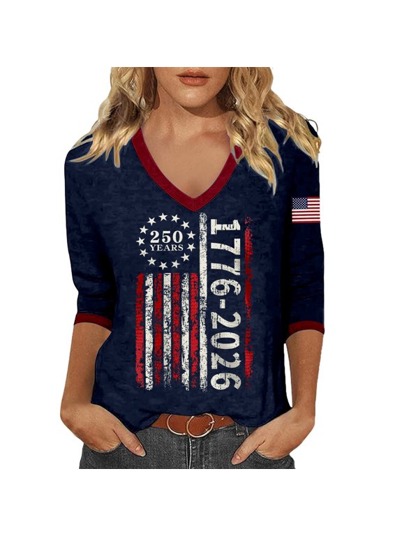Womens 250th Anniversary USA 3/4 Sleeve Tshirts V Neck 1776-2026 Letter Printed 4th of July America Flag Tops Plus Size Independence Day Patriotic Graphic Tees 0528liNavy XXL