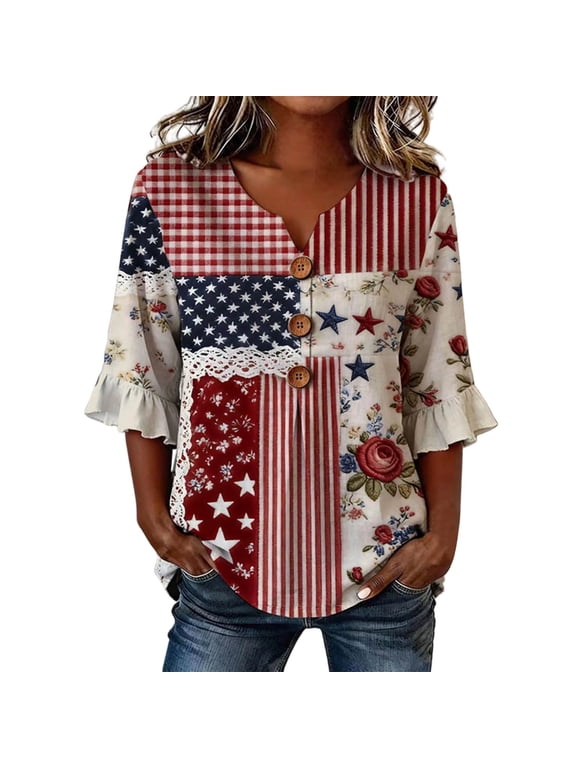 Womens 250th Anniversary USA Shirts America Flag Printed Half Sleeve V Neck T-Shirts Plus Size Loose 4th of July Button Tops Independence Day Patriotic Graphic Tees 0528liRed1 L