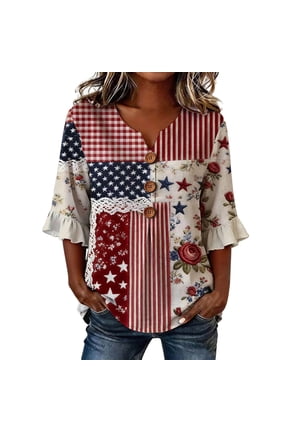 Womens 250th Anniversary USA Shirts America Flag Printed Half Sleeve V Neck T-Shirts Plus Size Loose 4th of July Button Tops Independence Day Patriotic Graphic Tees 0528liRed1 XXL