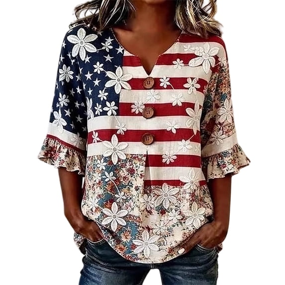 Wang6 Womens 250th Anniversary USA Shirts America Flag Printed Half Sleeve V Neck T-Shirts Plus Size Loose 4th of July Button Tops Independence Day Patriotic Graphic Tees 0528liRed XXXXXL