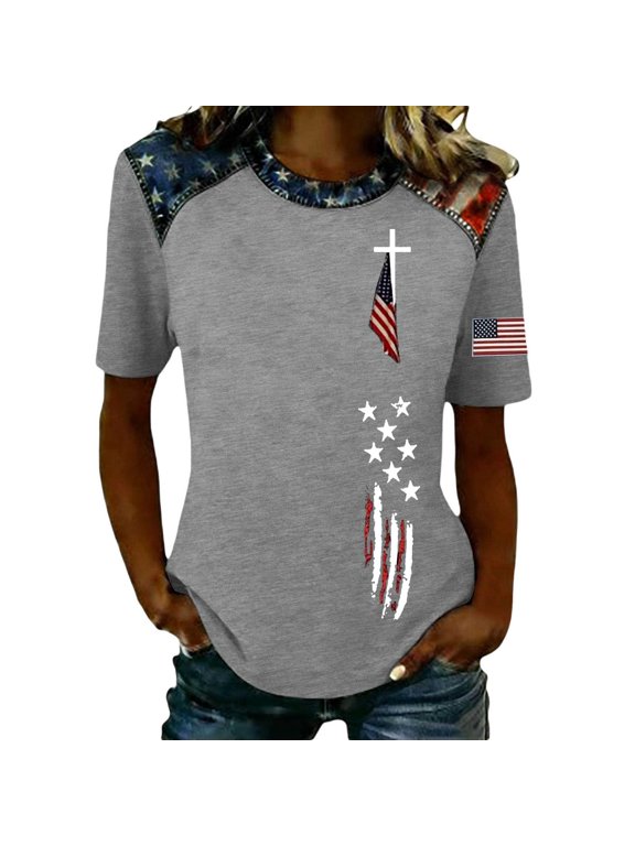Womens 250th Anniversary USA Shirts Color Blocking America Flag T-Shirts Plus Size Loose 4th of July Tops Independence Day Patriotic Graphic Tees 0528liGrey XXXL