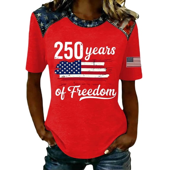 Wang6 Womens 250th Anniversary USA Shirts Color Blocking America Flag T-Shirts Plus Size Loose 4th of July Tops Independence Day Patriotic Graphic Tees X_0528liWatermelon Red XL