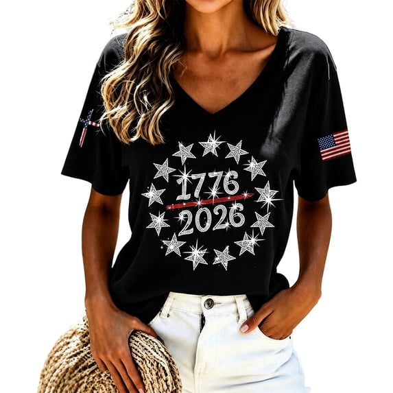 Wang6 Womens 250th Anniversary USA Shirts Plus Sized America Flag 1776-2026 Printed V Neck Tshirts 4th of July Tops Short Sleeve Independence Day Graphic Tees X_0527liBlack L