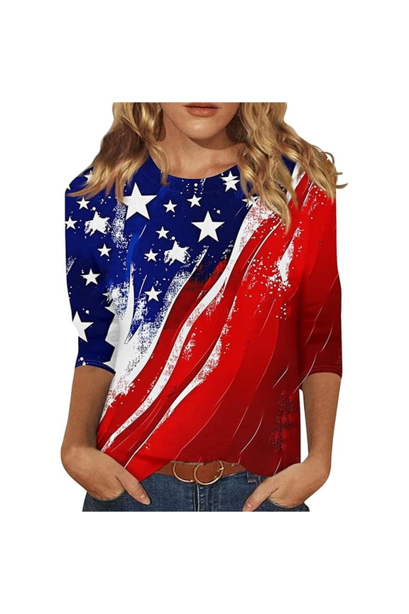 Womens 3/4 Sleeve 4th of July Tshirts Plus Size Patriotic USA Flag Printed Summer Tops Causal Crew Neck Independent Day Graphic Tee Shirts Red8 XXL