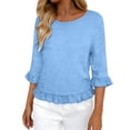 thumbnail image 1 of Wang6 Womens 3/4 Sleeve Tops Elegant Crew Neck Ruffle Trim Tshirts Ladies Causal Solid Going out Tees Shirts BU1 0713-3/4 sleeve tshirts XXL, 1 of 5