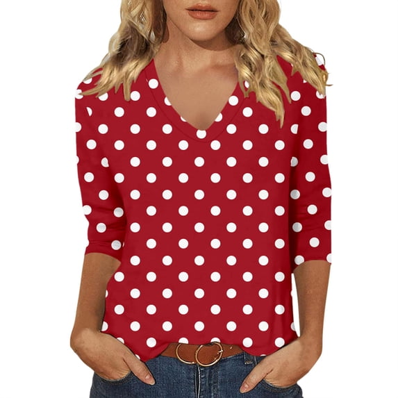 Wang6 Womens 3/4 Sleeve V Neck T Shirts Plus Size Loose Fit Pullovers Causal Polka Dots Printed Graphic Tee Shirts Tops Y_Red L