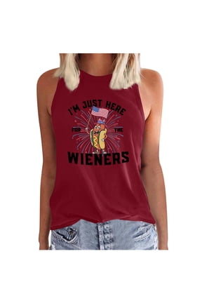 Womens 4th of July Loose Tank Tops Summer I Am Just Hear for the Wieners Letter Printed Sleeveless Tops Causal Crew Neck Graphic Tshirts 0526liRed S