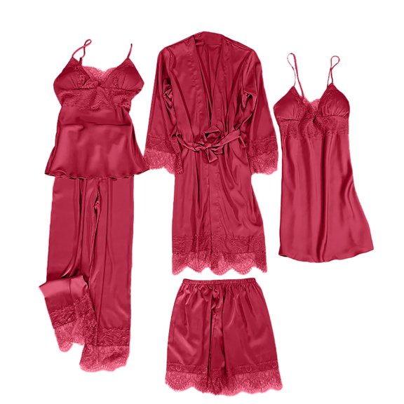 Wang6 Womens 5pc Satin Silk Pajamas Long Sleeve Long Robes with Belt Lace Spaghetti Strap Nightgown Camisole Wide Leg Pants with Shorts Ladies Lounge Sleepwear Set Wine L