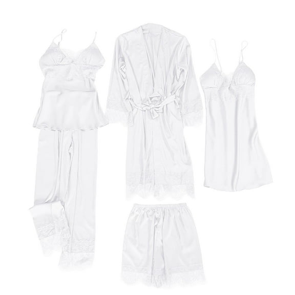 Wang6 Womens 5pc Satin Silk Pajamas Long Sleeve Long Robes with Belt Lace Spaghetti Strap Nightgown Camisole Wide Leg Pants with Shorts Ladies Lounge Sleepwear Set White XXL