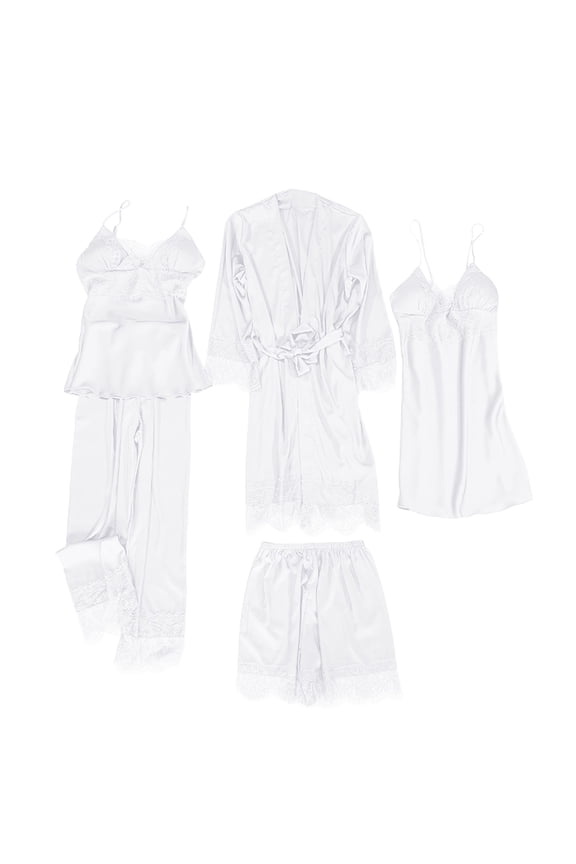 Womens 5pc Satin Silk Pajamas Long Sleeve Long Robes with Belt Lace Spaghetti Strap Nightgown Camisole Wide Leg Pants with Shorts Ladies Lounge Sleepwear Set White XXL