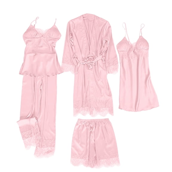 Wang6 Womens 5pc Satin Silk Pajamas Long Sleeve Long Robes with Belt Lace Spaghetti Strap Nightgown Camisole Wide Leg Pants with Shorts Ladies Lounge Sleepwear Set Light Pink M