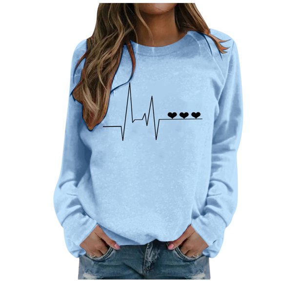 Wang6 Womens Black Graphic Sweatshirts"Wave Heart"Printed Long Sleeve Pullovers Causal Fall Crew Neck Tops Loose Fit Tshirts Light Blue S