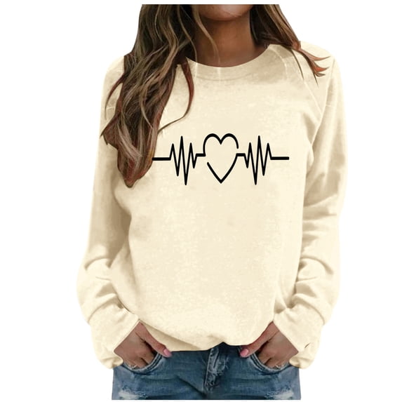 Wang6 Womens Black Graphic Sweatshirts"Wave Heart"Printed Long Sleeve Pullovers Causal Fall Crew Neck Tops Loose Fit Tshirts X_Beige L