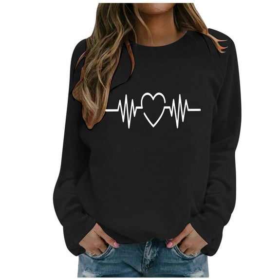Wang6 Womens Black Graphic Sweatshirts"Wave Heart"Printed Long Sleeve Pullovers Causal Fall Crew Neck Tops Loose Fit Tshirts X_Black XL