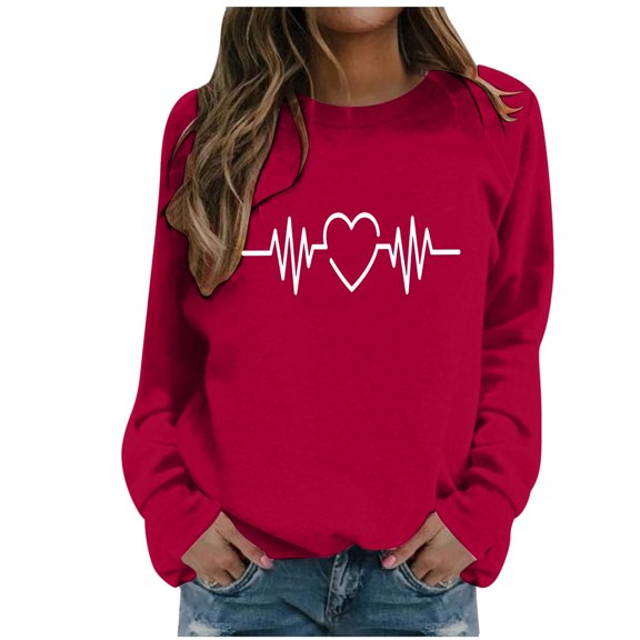 Wang6 Womens Black Graphic Sweatshirts"Wave Heart"Printed Long Sleeve Pullovers Causal Fall Crew Neck Tops Loose Fit Tshirts X_Watermelon Red XL