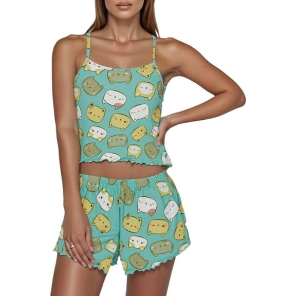 Wang6 Womens Cami Pajama Sets 2 Piece Pjs Set Soft Cropped Tank Top Elastic Waist Shorts V Neck Cow Printed Camisole Lounge Sleepwear Sets Light Green L