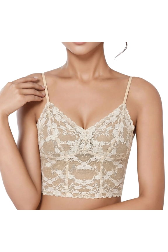 Womens Camisole Tops with Built in Bras Spaghetti Strap Lace Padded Tank Tops Wireless Seamless Longline Bras Cropped Cami Undershirts Tops Beige L