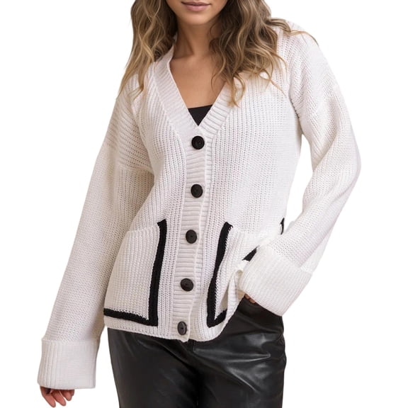 Wang6 Womens Chunky Button down Cardigan Sweaters Fall Winter Long Sleeve Loose Cable Knits Trendy Open Front Roll Sleeve Knitted Outwear Coats with Pocket White S