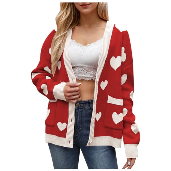 Wang6 Womens Button Cardigan Sweaters Fall Winter Long Sleeve Open Front Knits Trendy Heart Printed Knitted Outwear Coats with Pocket Red XL