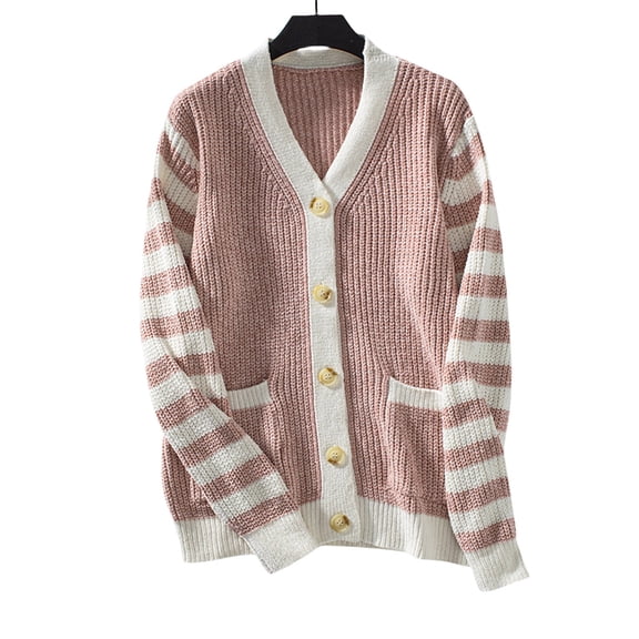Wang6 Womens Button Cardigan Sweaters Fall Winter Long Sleeve Open Front Knits Trendy Striped Knitted Outwear Coats with Pocket Pink S