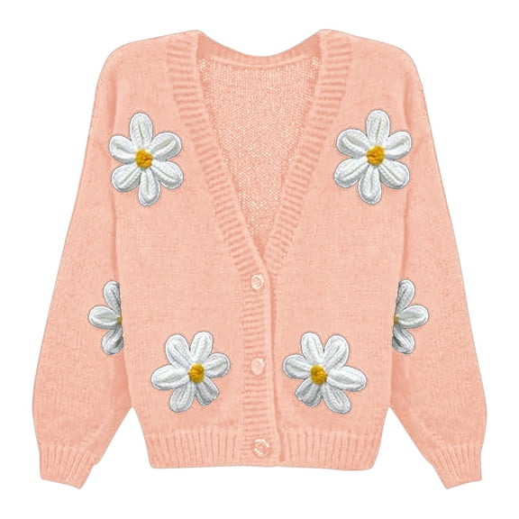 Wang6 Womens Chunky Button Cardigan Sweaters Fall Winter Soft Long Sleeve Loose Cable Knits Trendy Open Front Deep V Neck Floral Knitted Outwear Coats Pink S