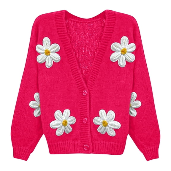 Wang6 Womens Button Cardigan Sweaters Fall Winter Soft Long Sleeve Loose Cable Knits Trendy Open Front Deep V Neck Floral Knitted Outwear Coats Hot Pink S
