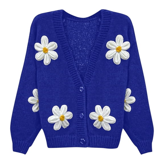 Wang6 Womens Chunky Button Cardigan Sweaters Fall Winter Soft Long Sleeve Loose Cable Knits Trendy Open Front Deep V Neck Floral Knitted Outwear Coats Blue M