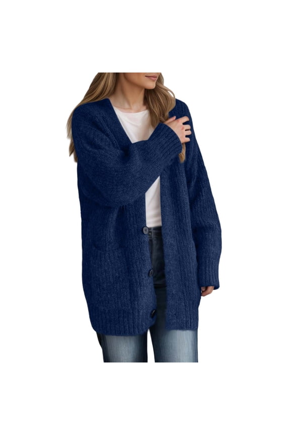 Womens Cardigans Sweaters Plus Size Fall Winter Button down Knit Sweater Trendy Long Sleeve Open Front Knitted Jacket Loose Fit Solid Outwear with Pocket Navy XXL