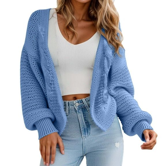Wang6 Womens Cropped Cardigan Sweaters Plus Size Fall Winter Long Sleeve Open Front Knits Trendy Solid Knitted Outwear Coats Sky Blue XXL