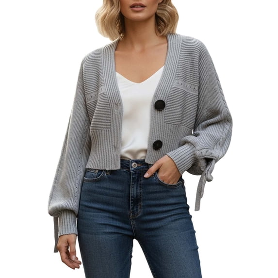 Wang6 Womens Chunky Cropped Cardigan Sweaters White Fall Open Front Button Knit Sweater Long Sleeve Knitted Tops Causal V Neck Loose Lantern Sleeves Outwear Grey One Size