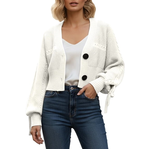 Wang6 Womens Chunky Cropped Cardigan Sweaters White Fall Open Front Button Knit Sweater Long Sleeve Knitted Tops Causal V Neck Loose Lantern Sleeves Outwear White One Size