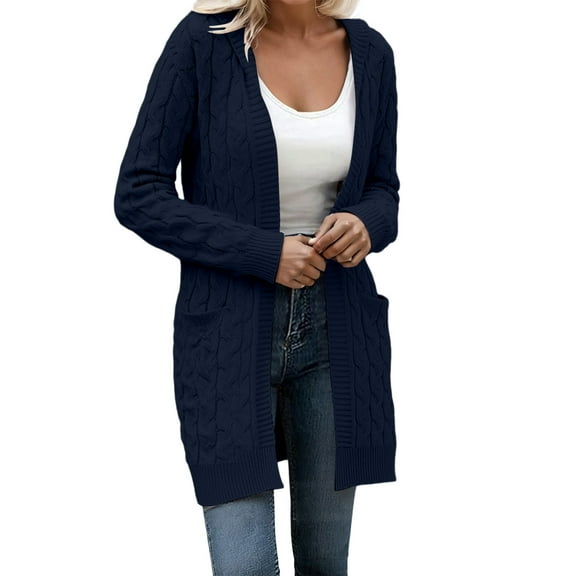 Wang6 Womens Chunky Hooded Long Cardigan Sweaters Fall Open Front Drop Shoulder Knit Sweater Long Sleeve Loose Knitted Tops Ladies Striped Jacquard Outwear with Pocket Dark Blue S