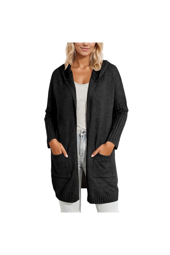 Womens Hoooded Long Cardigans Sweaters Fall Winter Maxi Knit Sweater Long Sleeve Loose Open Front Knitted Coat V Neck Back Letter Printed Outwear with Pocket Black M