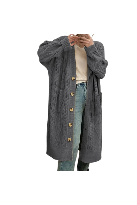 Womens Long Cardigans Sweaters Fall Cable Button Knit Sweater Long Sleeve Open Front Drop Shoulder Knitted Maxi Coat Loose Fit Deep V Neck Outwear with Pocket Grey One Size