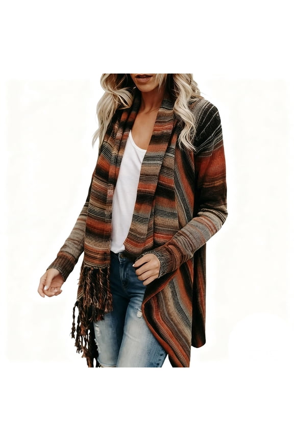 Womens Chunky Long Cardigans Sweaters Fall Winter Wrap Button Knit Sweater Long Sleeve Loose Open Front Knitted Coat Stripe Printed Irregular Hem Outwear Multicolour S