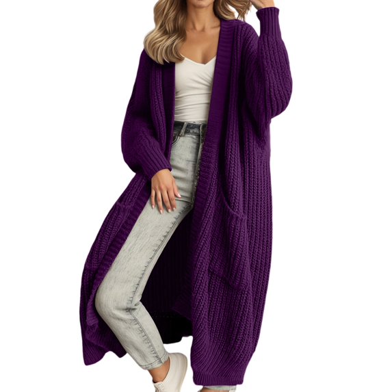 Wang6 Womens Long Cardigans Sweaters Plus Size Fall Winter Maxi Knit Sweater Long Sleeve Open Front Knitted Coat V Neck Loose Fit Outwear with Pocket Purple M