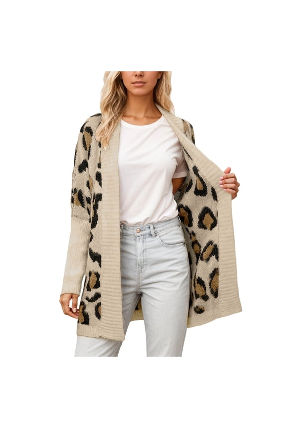 Womens Long Cardigans Sweaters Winter Open Front Knit Sweater Long Sleeve Loose Knitted Coat V Neck Leopard Printed Outwear Khaki L