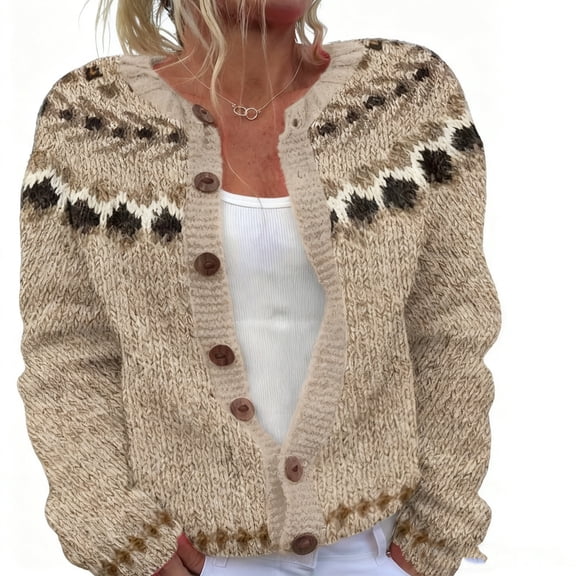 Wang6 Womens Plus Size Cardigan Sweaters Trendy Open Front Button down Knit Sweater Long Sleeve Loose Knitted Jacket Ladies Crew Neck Floral Jacquard Outwear Khaki XXL