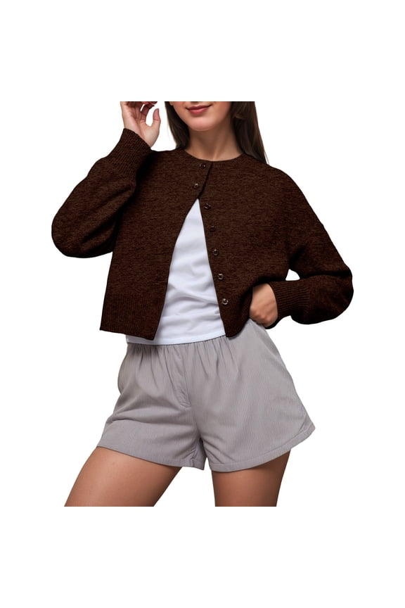 Womens Cropped Brown Cardigan Sweaters Fall Open Front Button Knit Sweater Long Sleeve Knitted Tops Causal Crew Neck Solid Outwear Brown M