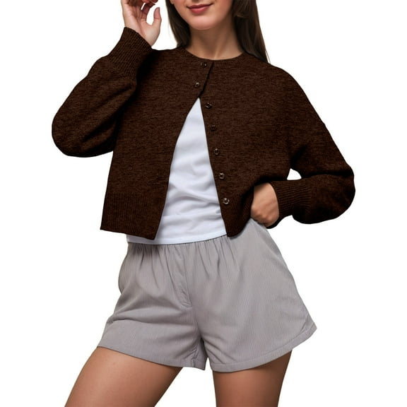 Wang6 Womens Cropped Brown Cardigan Sweaters Fall Open Front Button Knit Sweater Long Sleeve Knitted Tops Causal Crew Neck Solid Outwear Brown S