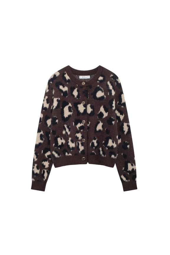 Womens Cropped Cardigan Sweaters Brown Fall Open Front Knit Sweater Button Long Sleeve Tops Causal Crew Neck Loose Leopard Knitted Outwear Brown M