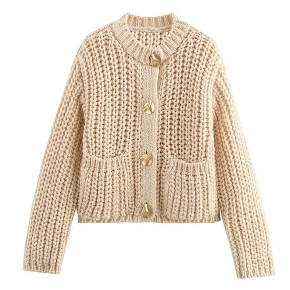 Wang6 Womens Cropped Cardigan Sweaters Fall Winter Long Sleeve Button Cable Knits Trendy Open Front Loose Short Knitted Outwear Coats with Pocket Beige One Size