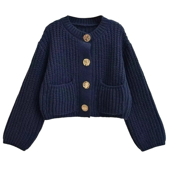 Wang6 Womens Cropped Chunky Cardigan Sweaters Fall Winter Long Sleeve Button Cable Knits Trendy Open Front Loose Short Knitted Outwear Coats with Pocket Navy One Size