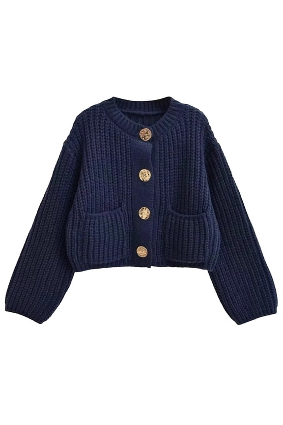 Womens Cropped Chunky Cardigan Sweaters Fall Winter Long Sleeve Button Cable Knits Trendy Open Front Loose Short Knitted Outwear Coats with Pocket Navy One Size