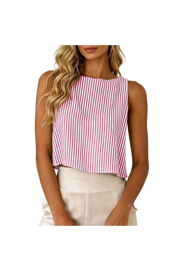 Womens Cropped Loose Fit Tank Tops Plus Size Striped Printed Sleeveless Summer Tops Causal Button down Reversible Shirts Graphic Tees 0513liRed S